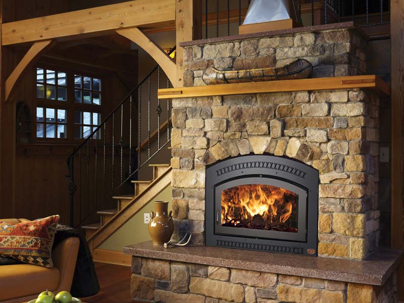 Wood fireplace in beautiful rustic home