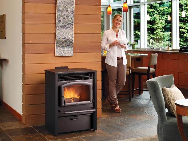 Pellet stove in living room with smiling woman